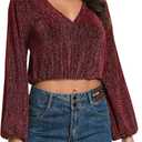 YYA Women's Sparkly Tops for Women Ruffle Sparkly Shiny Turtle Neck Shirts Long Sleeve Slim Fitted Tops S-XXL (Red, L)
