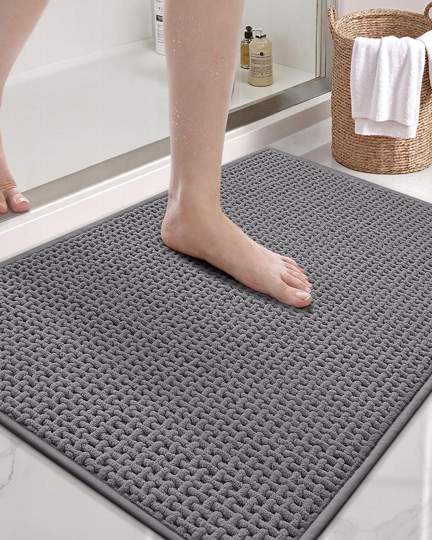 Color&Geometry Ultra Soft Chenille Bathroom Rugs Non Slip Rubber Backing, Machine Washable, Super Absorbent Floor Mat for Bathroom, Bathtub & Shower, Quick Dry Gray Bath Mat, Standard Sized, 17"x29.5"
