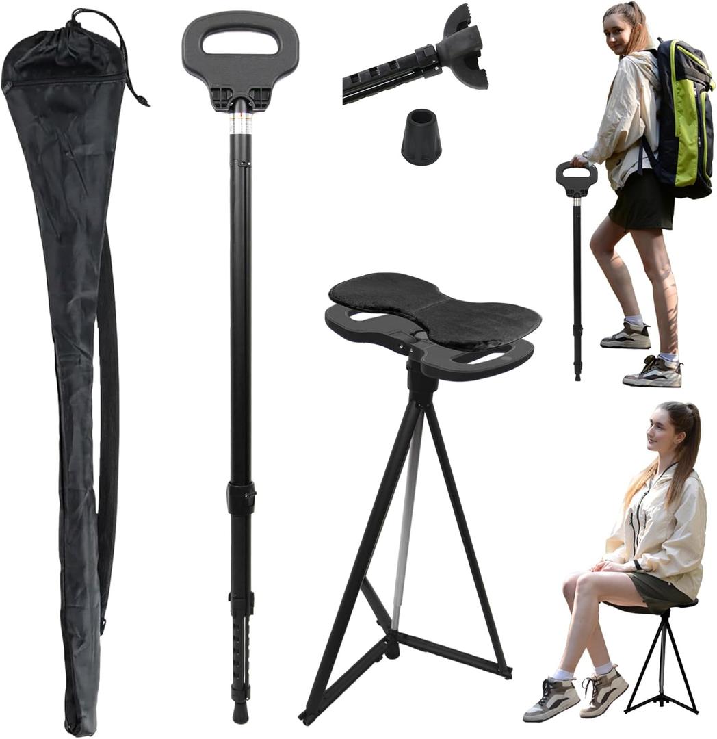 Adjustable Cane with Seat Folding Lightweight, Portable Cane Chair for Adults & Seniors, Walking Stick with Seat for Travel Hiking, with Cushion Carry Bag