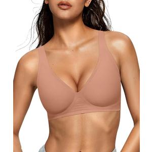 OEAK Womens Deep V Bras Wireless Comfortable Bra Supportive No Underwire Bras Tshirt Push Up Bralettes Plunge Seamless Bra (Small, Latte)