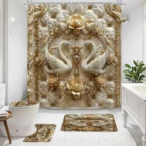 NBVKO 4Pcs Luxury Swan Reliefs Printed Shower Curtain Set with 12 Hooks Non-Slip Rugs,Toilet Lid Cover and Bath Mat, Stylish Bathroom Decor for Hotel & Home Bathroom