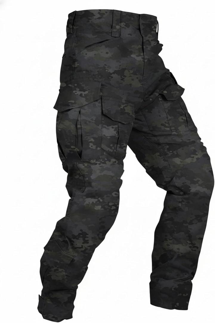Men's Tactical Pants | Water Resistant Camo Cargo Pants Ripstop EDC Work Hiking Pants with 10 Pockets No Belt (Black)