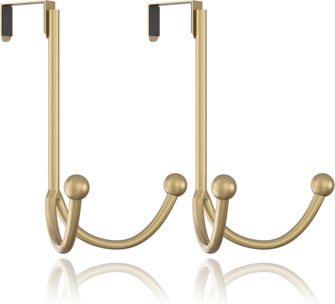 HFHOME 2Packs Over The Door Double Hanger Hooks, Metal Twin Hooks Organizer for Hanging Coats, Hats, Robes, Towels- Gold
