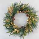 NeoL'artes 26inch Gold Wreath for Porch Front Door Mantle and Fireplace Wrapped Grapevine with Ornaments Snow Pinecones Winter Season Home Decor