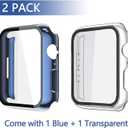 2 x Misxi 2 Pack Hard PC Case with Tempered Glass Screen Protector Compatible with Apple Watch Series 9 (2023) Series 8 Series 7 45mm, Ultra-Thin Cover for iWatch S9/S8/S7, 1 Blue + 1 Transparent