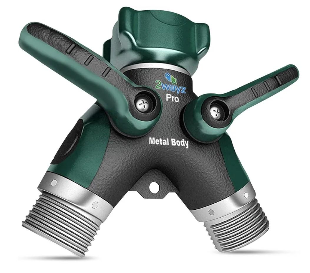 2WAYZ Hose Splitter 2 Way Heavy Duty Outdoor Faucet and Garden Connector - Water Spigot Splitter - Durable All-Metal Y Adapter with Shut-Off Valve - 4 x 4 x 1.5
