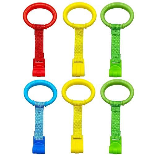 6PCS 4 Colors Baby Playpen Pull up Rings-Plastic Crib Pull Rings Walking Exercises Assistant Stand Up Cot Hanging Ring for Infant Baby Toddler