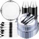 Hioasis 350pcs Clear and Black Plates - Black Party Plates for 50 Guest, Include 100 Heavy-duty Plates(20% Thicker Than Standard), 50 Pre Rolled Gold Plastic Silverware Set, 50 Cups