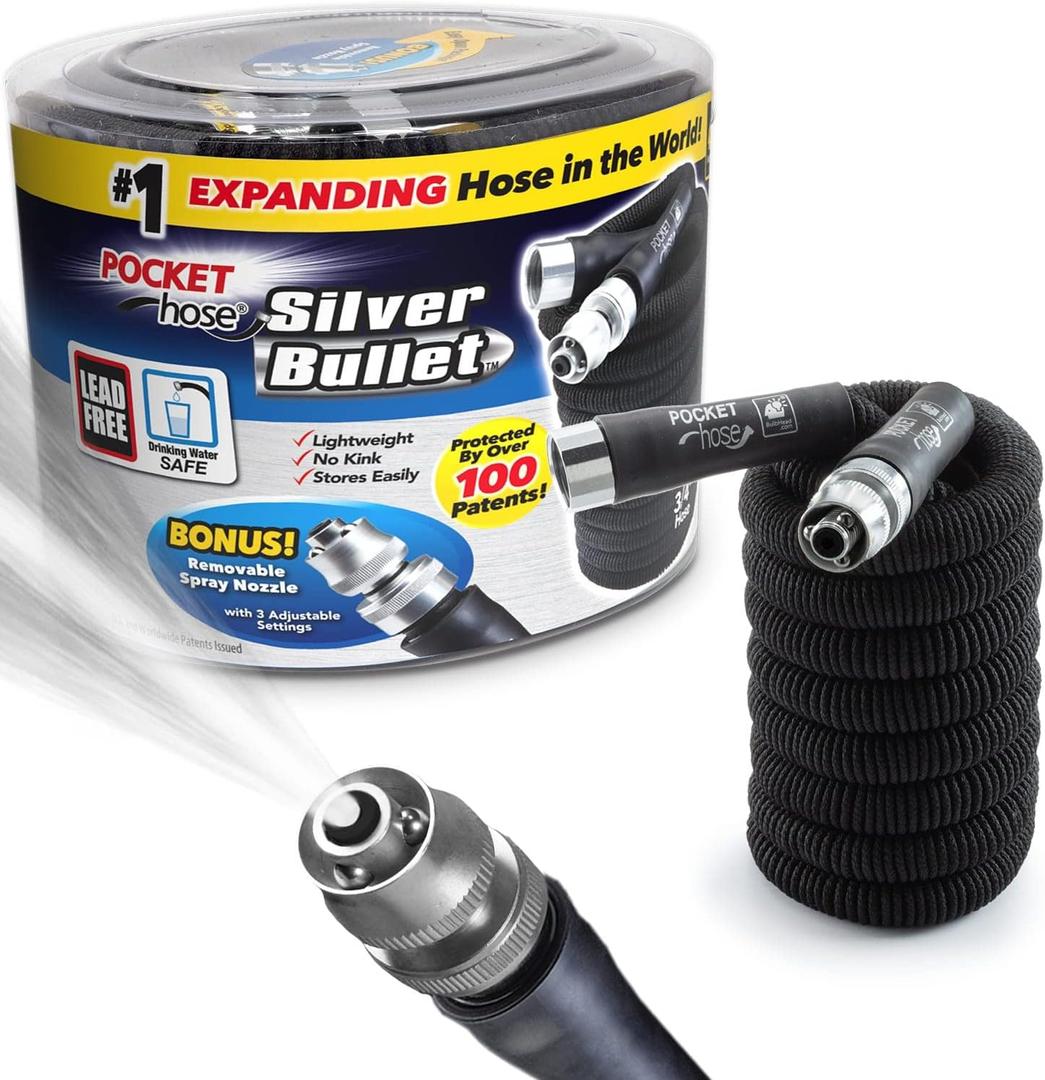 Pocket Hose Silver Bullet Expandable Garden Hose, Adjustable Turbo Shot Nozzle, AS SEEN ON TV, 25ft, Lead-Free, Ultra-Lightweight, Solid Aluminum Connectors, On/Off Valve, No Kink, Anti-Leak