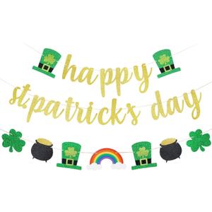 10 x Happy St Patricks Day Banner Gold Glitter Saint Patricks Day Shamrock Clover Garland Banner Decorations for Happy Saint Patrick's Day Banner Decorations
