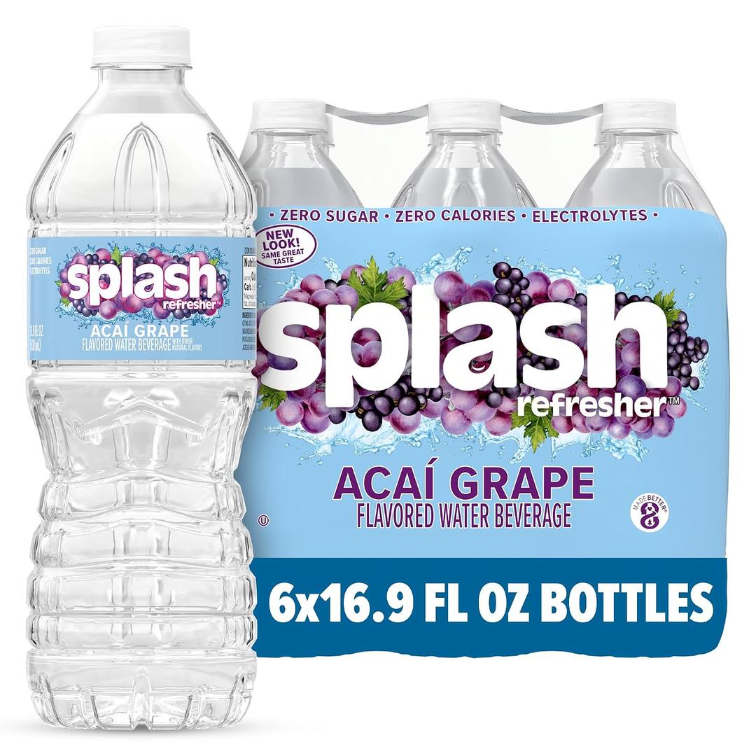 SPLASH REFRESHER Flavored Water Bottles, Acai Grape Flavor - 6-Pack, 16.9 Fl Oz - Refreshing Flavored Bottled Water with Electrolytes - Zero Sugar & Zero Calories (EXP 08/19/26)