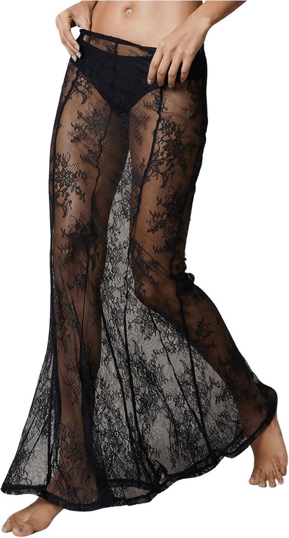 OYOANGLE Women's Floral Lace Sheer Maxi Skirt High Waisted See Through Fishtail Skirts (Black, M)