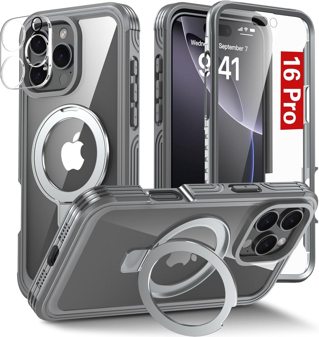 Oterkin Magnetic for iPhone 16 Pro Case Compatible with MagSafe [Foldable Stand][HD Camera Lens Protector][Built-in Touch Sensitive Glass Screen Protector] 15FT Military Full Body Rugged Case, (Gray)