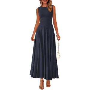 PRETTYGARDEN Womens Summer Dresses 2026 Casual Sleeveless Crewneck Aline Maxi Dress Stretch Tank Flowy Long Dresses (Blue, S)