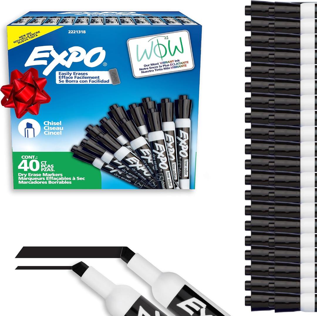 EXPO Dry Erase Markers, Low Odor Ink, Black, Chisel Tip, 40 Count - Whiteboard, Calendar, Organization, Essential Supplies for Office, School, Classroom, Teachers
