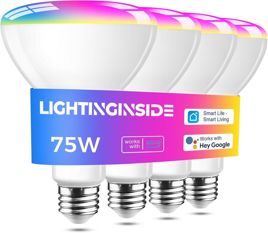 Lightinginside Smart Light Bulb 1100LM, RGBCW BR30 E26 Bulb Works with Alexa/Google Home/SmartLife, 2.4G WiFi Bluetooth Recessed Flood LED Bulbs 12W, No Hub Required, 75W Equivalent, ETL Listed, 4PCS