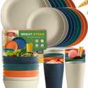 Teivio 32-Piece Kitchen Plastic Wheat Straw Dinnerware Set, Service for 8, Dinner Plates, Dessert Plate, Cereal Bowls, Cups for Everyday Dining, Unbreakable Plastic Outdoor Camping Dishes, Colorful