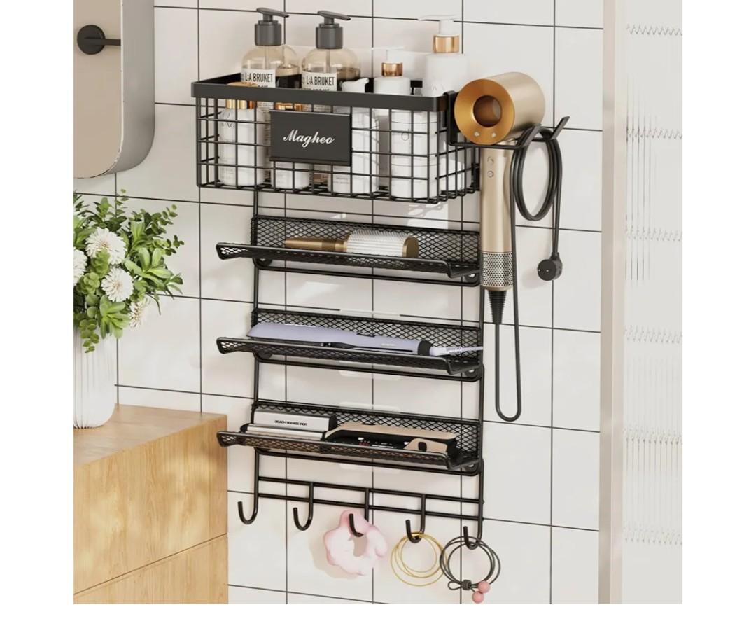 Magheo Hair Dryer Holder Wall Mounted, Adheisve Hair Styling Tool Organizer for hair Brush/Appliance Wall Mount with 5 Tier Shelf Basket Hooks Blow Dryer and Straightener Holder for Bathroom(Black)