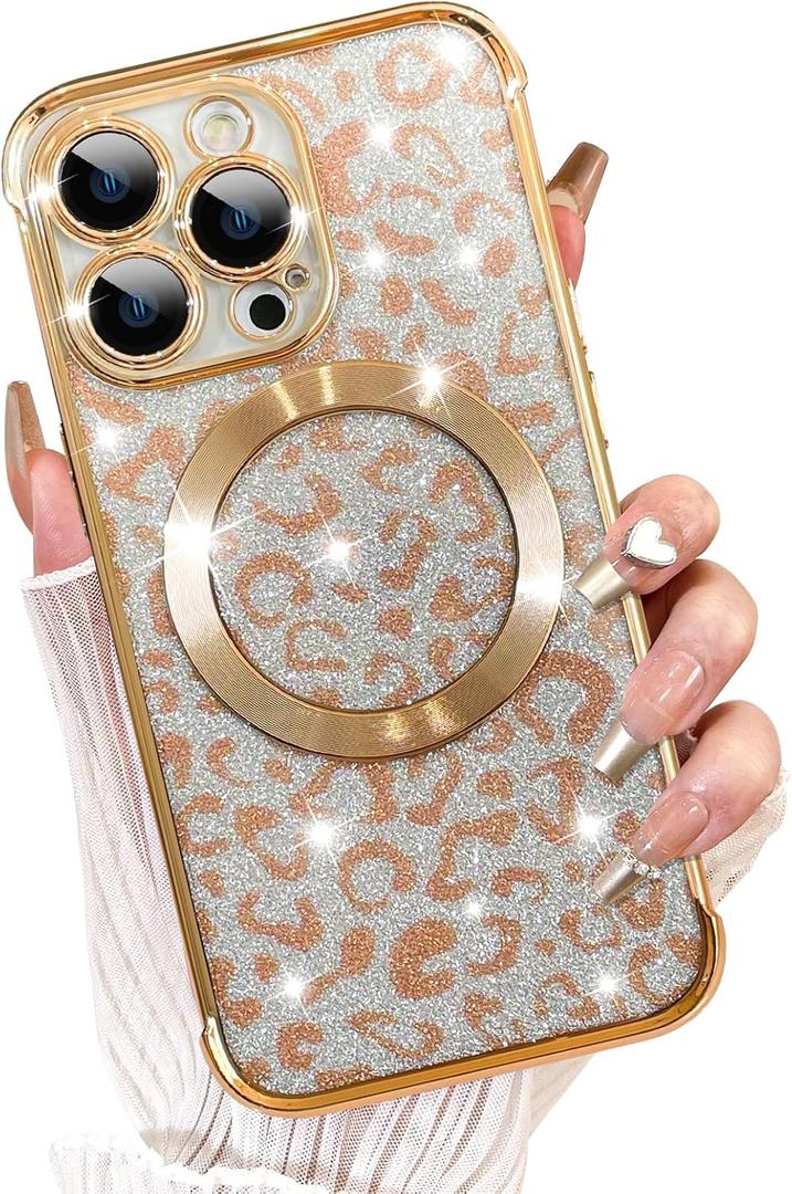 Fiyart Designed for iPhone 13 Pro Case,Compatible with MagSafe Cheetah Print Plating Camera Protection Magnetic Clear Glitter Leopard Print Shockproof Phone Bumper for Women Girls 6.1"-Gold