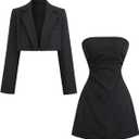 OYOANGLE Women's 2 Piece Set Strapless A Line Mini Dress and Long Sleeve Cropped Blazer Going Out Outfits