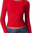 QINSEN Womens Crewneck Long Sleeve Shirt Double Lined Basic Tees Side Ruched Going Out Crop Tops (X-Large, Red)