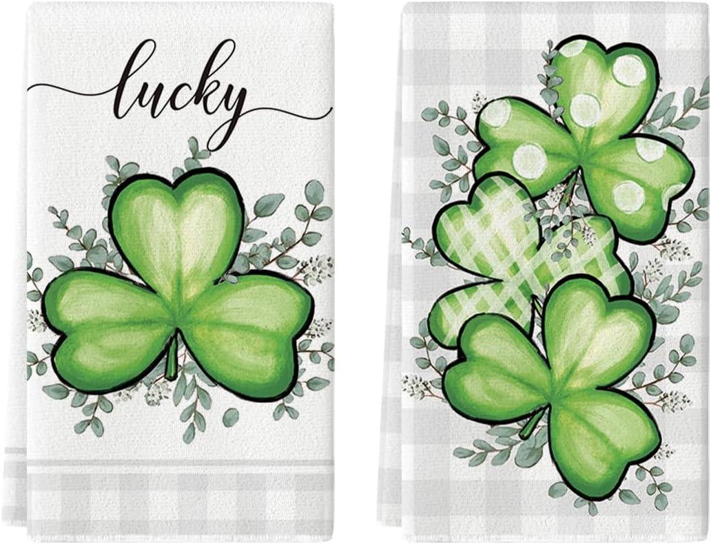 Artoid Mode Plaid Shamrock Eucalyptus St. Patrick's Day Kitchen Towels Dish Towels, 18x26 Inch Lucky Farmhouse Holiday Decoration Hand Towels Set of 2