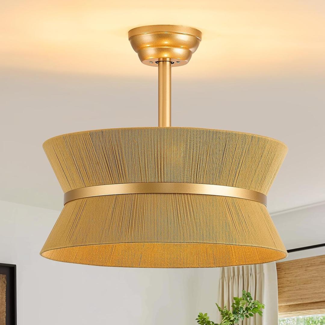 Boho Fandelier Ceiling Fan with Light Gold Caged Ceiling Fans with Lights and Remote Rattan Chandelier Fan for Bedroom,Nursery,Foyer,Kitchen,Living Room (6 Speeds Timing Adjustment Height Enclosed), Medium
