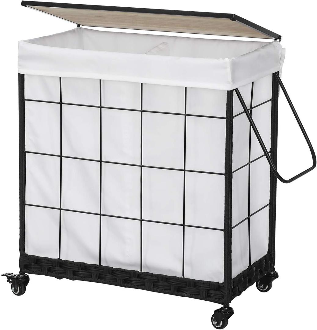 Durable Laundry Hamper with Removable Liner Bag, Heavy Duty Wheels, Wood Lid and Metal Handle - Clothes Sorter and Laundry Basket in White (110L23.43x13.58x26.37 Inches)