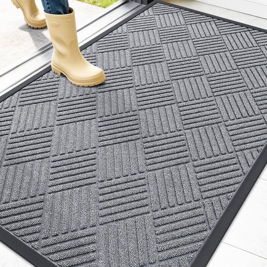 OLANLY Front Door Mat Outside Entrance 47x32, Absorbent, Heavy Duty Sturdy Natural Rubber Doormat Indoor Outdoor, Stain Fade Resistant, Non-Slip Low Profile Floor Mat Entryway, Charcoal Gray Diamond