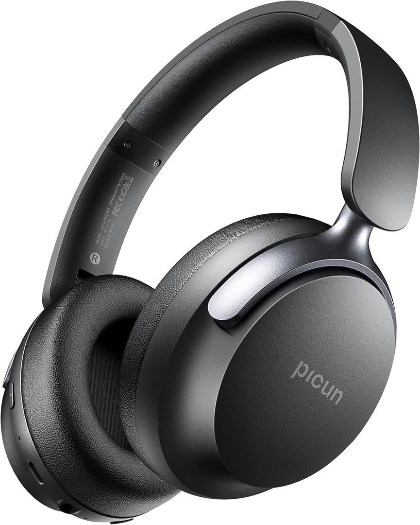 Picun NC60 Hybrid Active Noise Cancelling Headphones, Foldable Wireless Over Ear Bluetooth 5.4 Headphones, 80H Playtime, Transparency Mode, Stereo Bass, Custom EQ via App for Travel Home Black