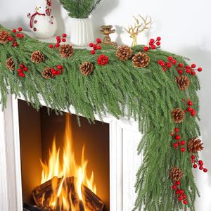 Betylifoy 12FT(2*6FT) Christmas Garland Artificial Norfolk Pine Garlands Real Touch Greenery Garland with Red Berry Faux Cedar Garland Xmas Winter Pine Garlands for Mantle Stairs Fireplace Table Decor