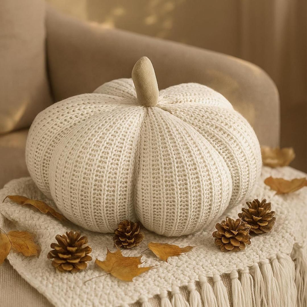 Vicenpal Knit Pumpkins Pillows Fall Thanksgiving Round Pumpkin Throw Pillows 9.84 Inch Rustic Farmhouse Grayish White Cushion for Autumn Thanksgiving Halloween Decoration for Fall Home Bed Couch Sofa
