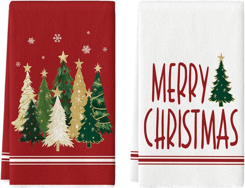 Artoid Mode Red Xmas Tree Merry Christmas Kitchen Towels Dish Towels, 18x26 Inch Farmhouse Star Holiday Winter Decoration Hand Towels Set of 2