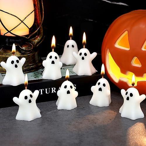 12 PCS Halloween Ghost Candles Spooky Candles White Floating Candles Halloween Decorative Tabletop Candle White Dripless Wax Burning Candle for Holidays Party