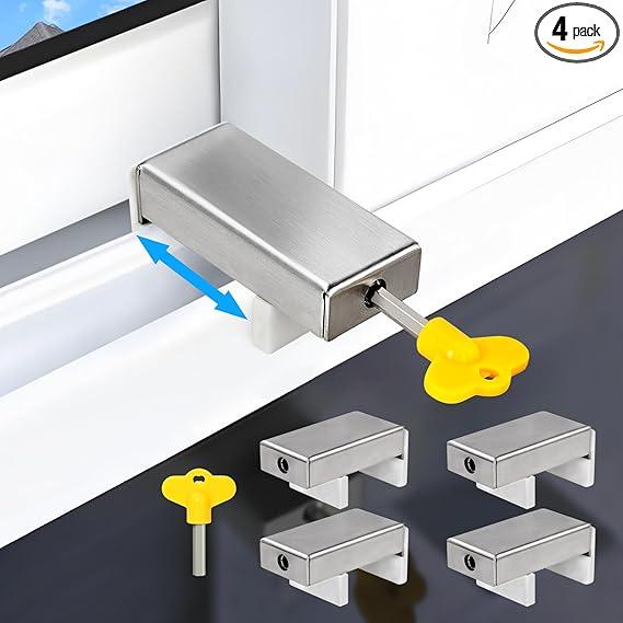 Sliding Window Locks (4 Sets), 0.66'' to 1.65'' Adjustable Width Stainless Steel Window Locks with Keys, Window Locks Child Proof Window Stopper Security for Vertical and Horizontal Sliding Windows