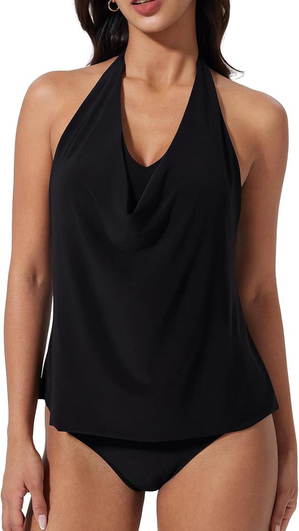 SUUKSESS Women Halter Tankini Swimsuit High Waist Cowl Neck Bathing Suit 2 Piece (XX-Large, 171 Black)