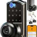 Veise VE018 Smart Knob Handle Lock - Fingerprint, App Control, Keyless Entry for Front Door and Bedroom, Electronic Digital Keypad, Auto Lock, Remote Access Sharing, IP55 Weatherproof, Matte Black