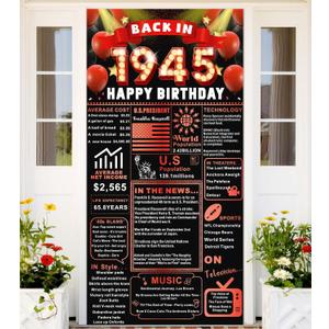 Back In 1945 Red and Black 80th Birthday Decorations Happy 80th Birthday Banner Backdrop Vintage Birthday 80 Years Ago Theme Decor 80th Gifts for Man and Woman 80th Birthday Party Supplies Gold