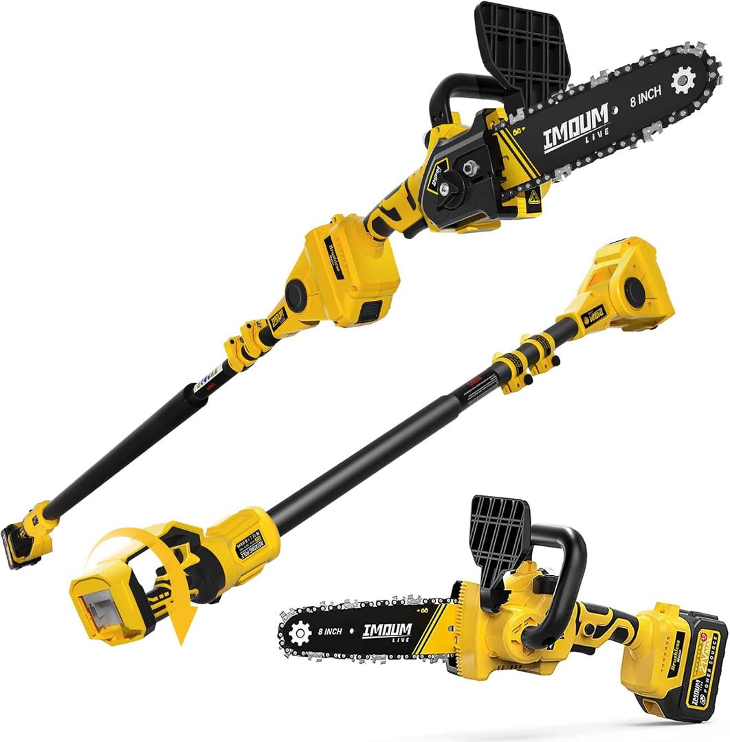 IMOUMLIVE 2-IN-1 Cordless Pole Saw & Chainsaw, 8'' Cutting Brushless Electric Rotatable Saw, Oiling System, 8.3 LB Lightweight, 21V 3.0Ah Battery, 16.6-Foot Max Reach for Tree Trimming, Yellow