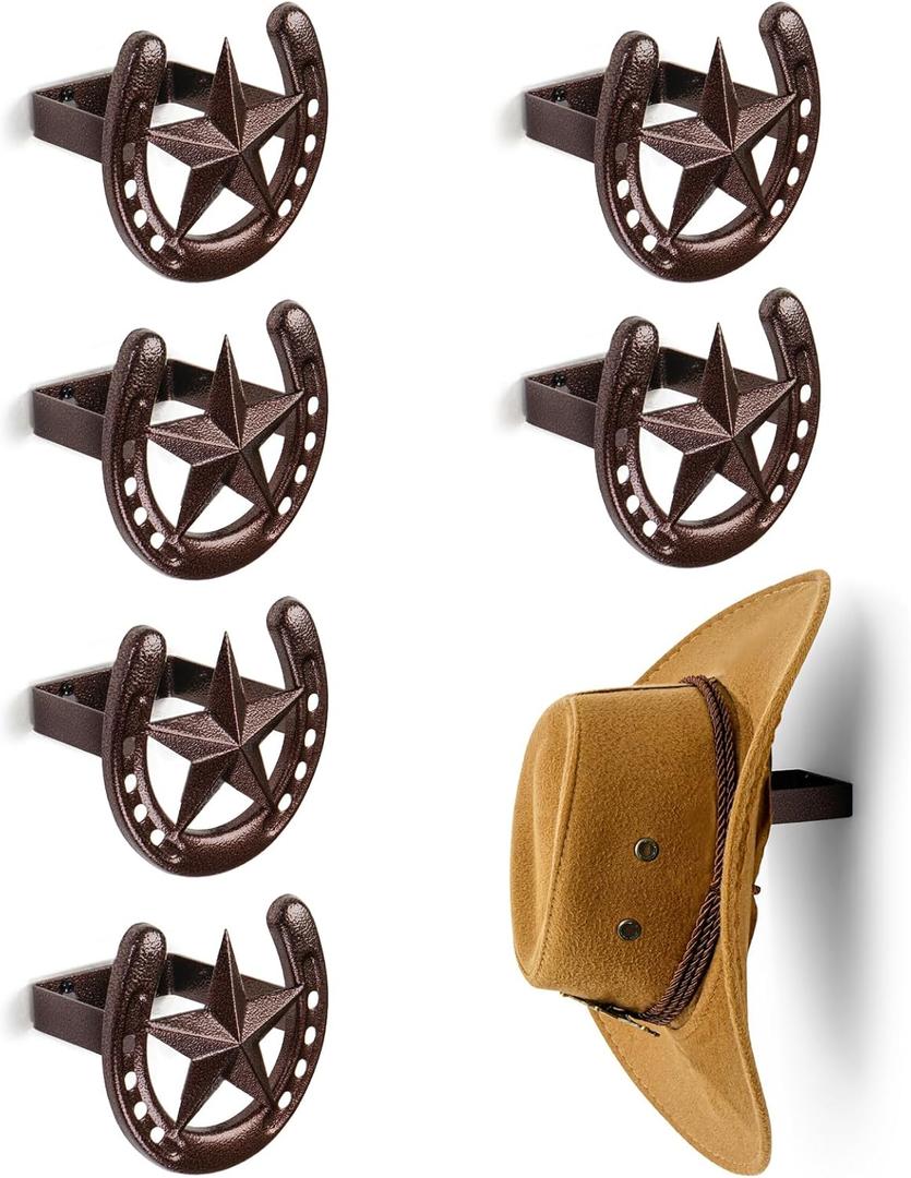 Cowboy Hat Hanger Wall Mount, 6 Pack Cowboy Hat Rack, Bridle Hook for Tack Room, Metal Horseshoe Hook, Horseshoe Decor, Western Hat Hook for Wall, Hat Holder for Entryway Closet, Horse Supplies (Antique Bronze)