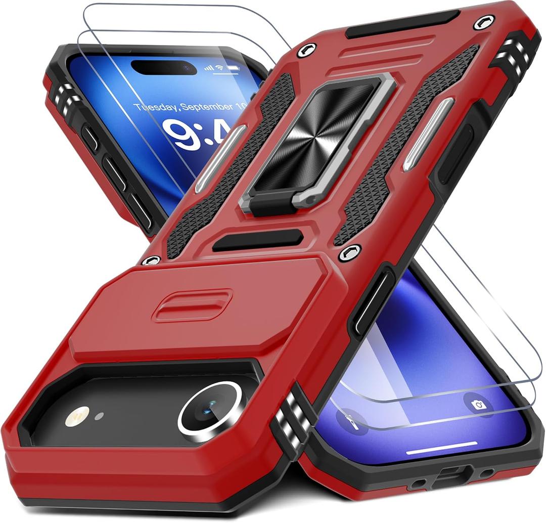 DEERLAMN Case for iPhone Air 6.5-Inch with Slide Camera Cover+Screen Protector(2 Packs), Rotated Ring Kickstand Military Grade Shockproof Protective Cover-Red