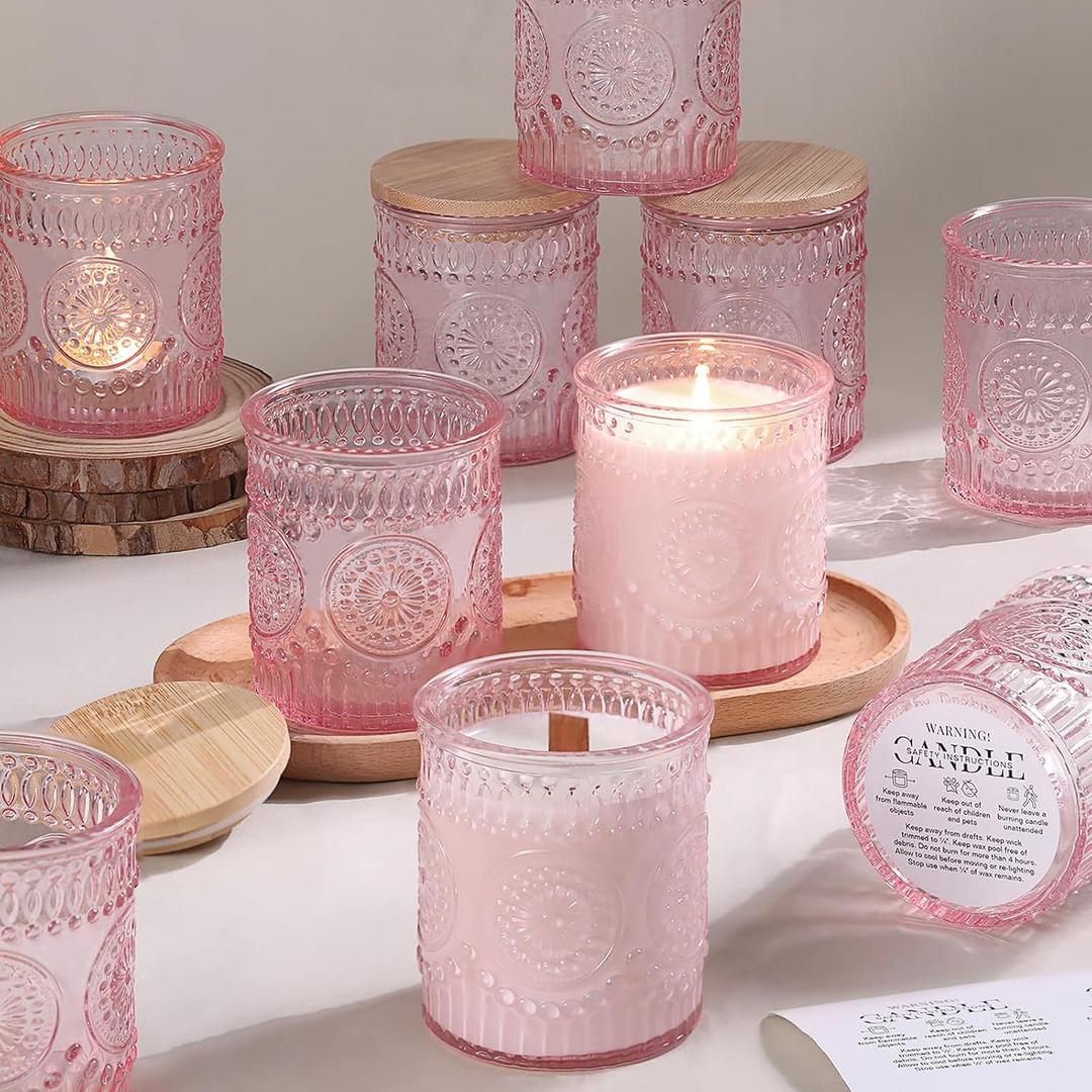 DARJEN 10 Pack Pink Candle Jars for Making Candles- 7.5 OZ Empty Glass Candle Making Jars with Bamboo Lids and Labels, Candle Containers Candle Making Jars for DIY Gifts