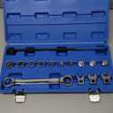 Yuesstloo 15pcs Universal Ratcheting Serpentine Belt Tool Set, Serpentine Belt Removal Installation Tensioner Kit with Ratcheting Wrench, Crowfoot Wrenches, Socket Adapters, 6-Point Sockets, Blue Case