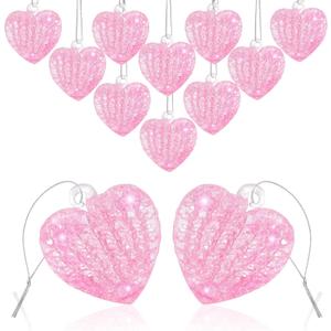 12PCS Heart Ornaments for Valentine Crystal Glass Heart Shape Hanging Ornaments for Christmas Valentine's Anniversary Wedding Party Decoration (Pink)