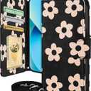 Buleens for iPhone 13 Wallet Case for Women - with Card Holder for iPhone 13 Flip Case Leather Crossbody Cute Aesthetic i Phone 13 Case with Strap Kickstand for Girls Girly, Black Flower