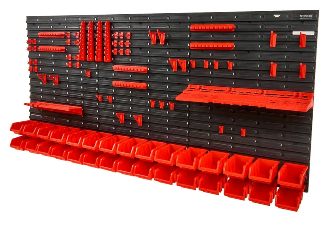 VEVOR Wall Mounted Storage Rack System, 30-Bin Parts Rack Organizer with Wall Panels/Tool Holders/Hooks, Garage Plastic Shop Tool Organizer for Nuts, Bolts, Screws, Nails, Beads, Buttons