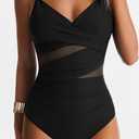 Women Mesh One Piece Swimsuit Tummy Control Sexy Bathing Suits V Neck Push Up Swimsuits Slimming Swimwear (Black, L)