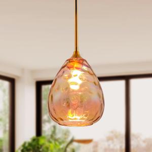 Colorful Amber Hammered Glass Pendant Light with Brass Gold Accent, Adjustable Hanging Lamp for Kitchen, Dining Room, and Living Room