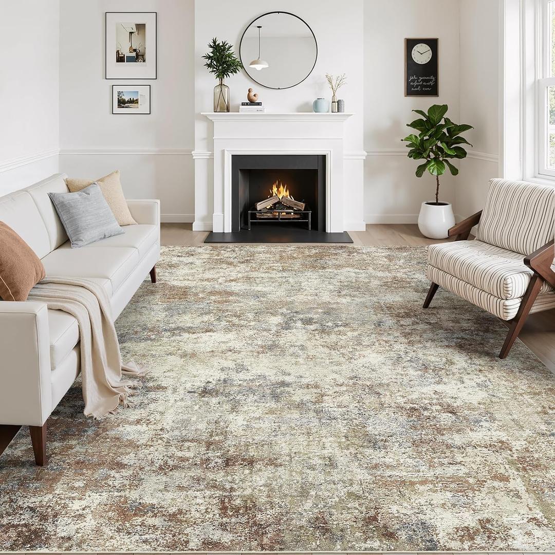 WITSHOCK 9x12 Area Rugs for Living Room : Machine Washable - Non Slip Modern Abstract Rug for Bedroom Under Dining - Stain Resistant for Household - Pet Owners (Rust Color) (Brick Red/Off-white/Light Gray)