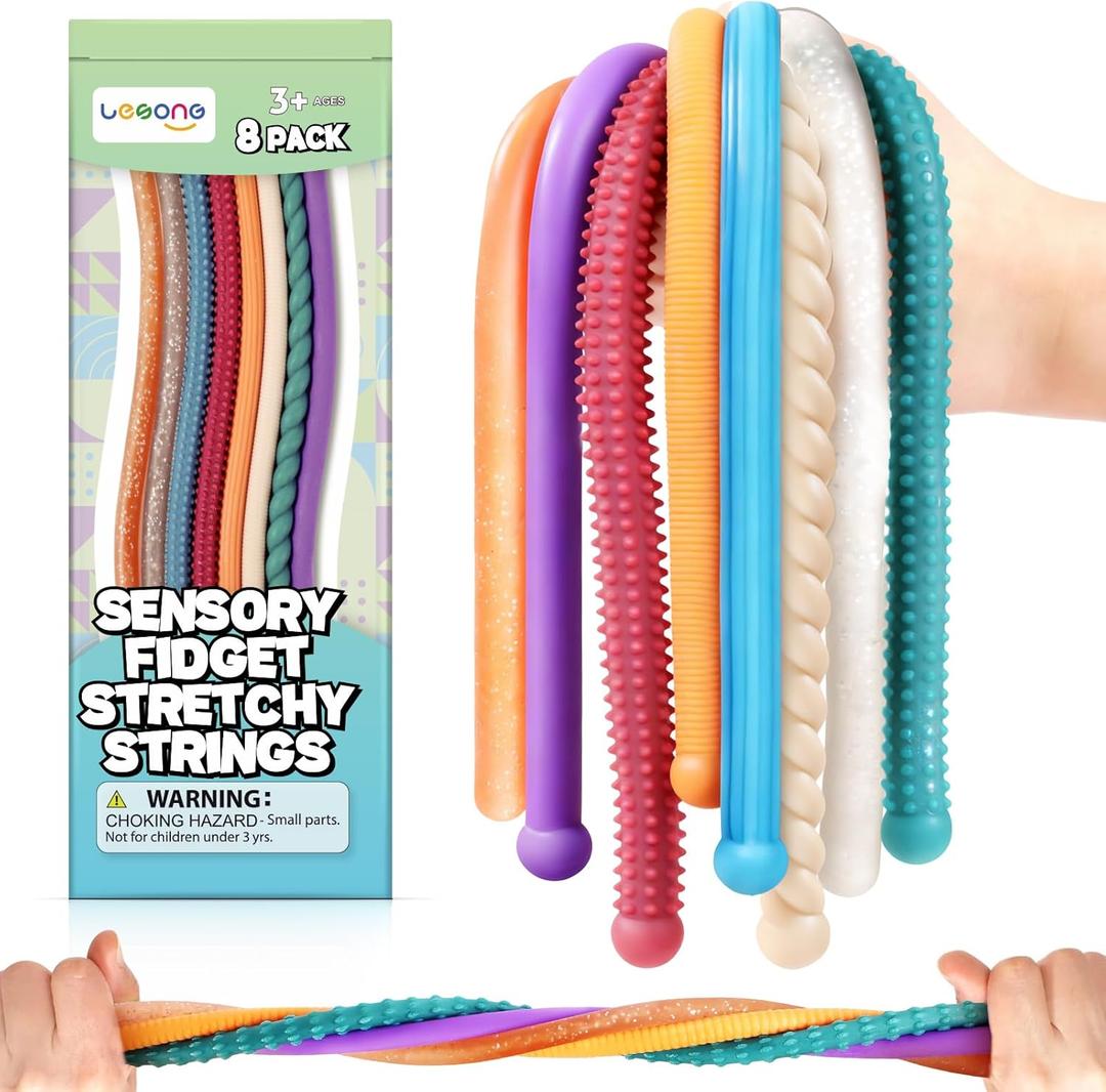 2 x Fidget Sensory Autism Toys Kids - Textured Stretchy Strings for Adults ADHD Children Stress, Flexible & Durable Quiet Fidgets for Classroom Office, Easter Stuffers Gifts Teens Boys Girls